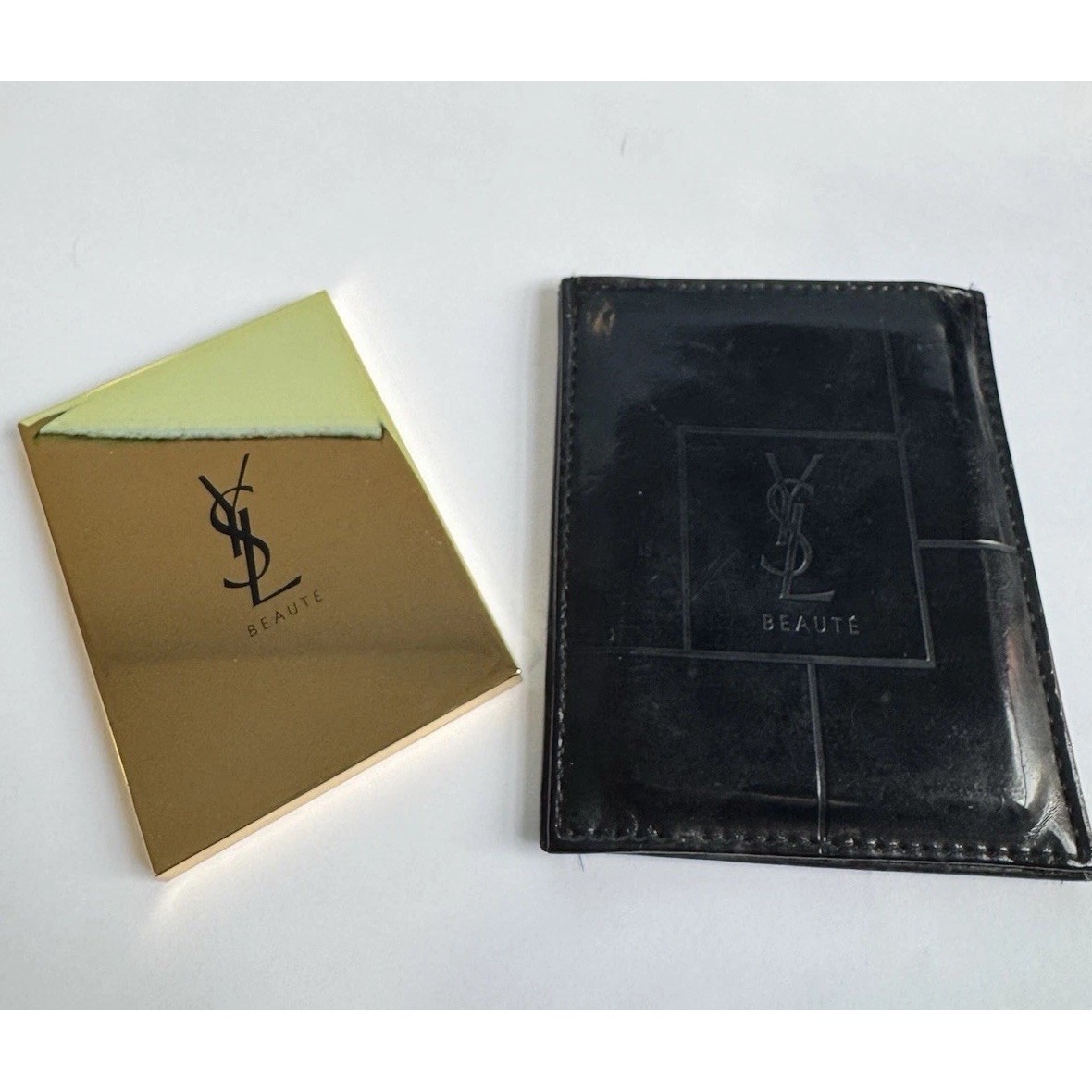 Ysl Beaute Compact Mirror Gold With Black Leather Case